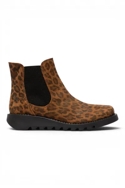 Fly London Womens Leopard Tan Chelsea Suede Leather Ankle Boots - Salv195 In Animal Print