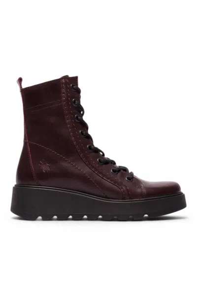 Fly London Womens Wine Leather Lace-up Wedge Heel Combat Boots - Tery554 In Burgundy