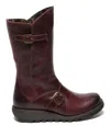 Fly London Womens Wine Mes 2 Wedge Heel Buckle Mid-calf Leather Zip Platform Boots In Pink