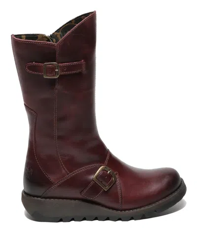 Fly London Womens Wine Mes 2 Wedge Heel Buckle Mid-calf Leather Zip Platform Boots In Pink