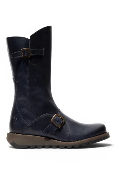 Fly London Womens Wine Mes 2 Wedge Heel Buckle Mid-calf Leather Zip Platform Boots In Blue