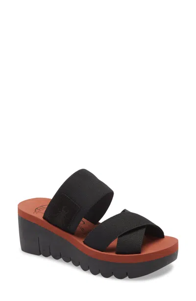 Fly London Yabo Black Leather Platform Slide Sandal In Multi