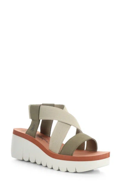 Fly London Yaby Platform Wedge Sandal In Military/ Beige