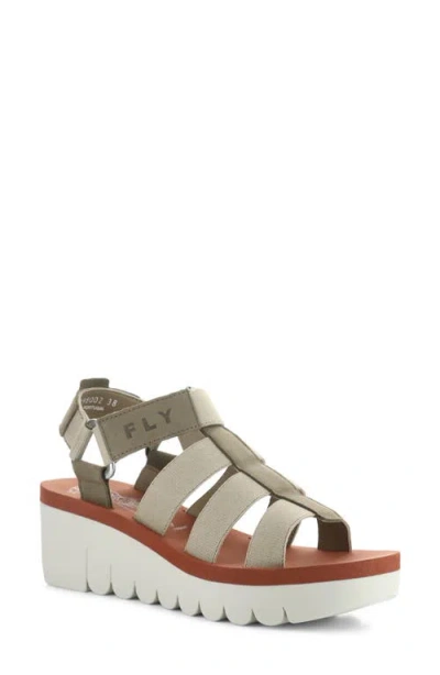 Fly London Yoji Platform Wedge Sandal In Military/beige