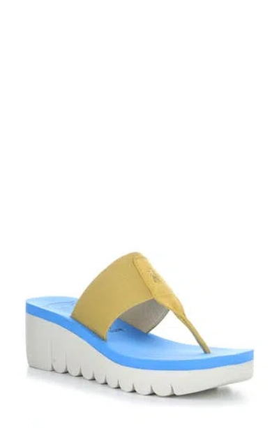 Fly London Yomu Wedge Flip Flop In 005 Bumblebee/azure