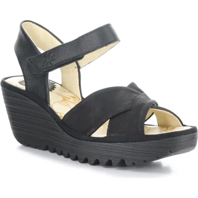 Fly London Yorg Ankle Strap Platform Wedge Sandal In Black