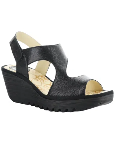 Fly London Yoxa Black Leather Wedge Sandals