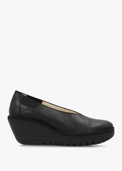 Fly London Yoza Black Leather Wedge Court Shoes