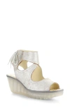 Fly London Yulp Platform Wedge Sandal In Pearl/silver