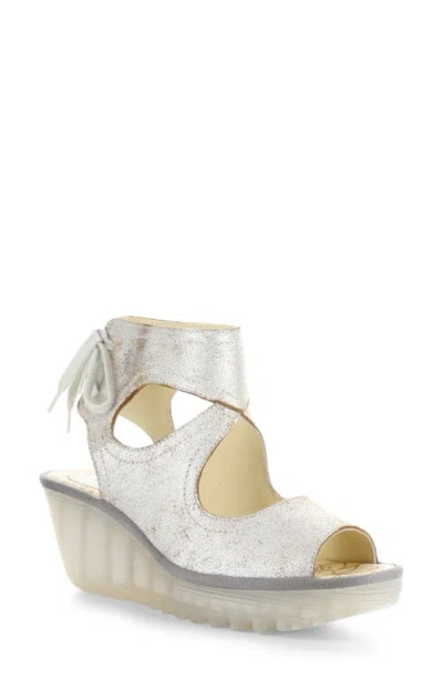 Fly London Yulp Platform Wedge Sandal In Pearl/silver