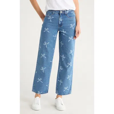 Flying Angel Allover Bow Print Jeans In Blue