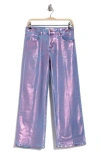Flying Angel Metallic Coated Crop Wide Leg Jeans In Pink Metallic