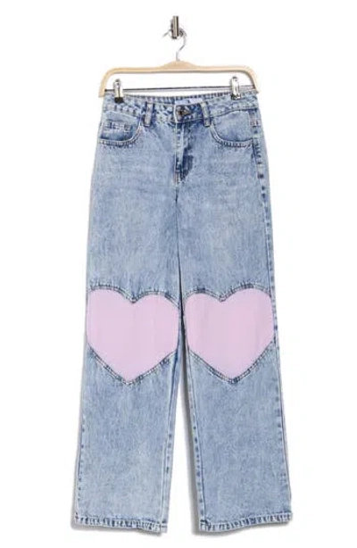 Flying Angel Pink Heart Straight Leg Jeans In Acid Wash