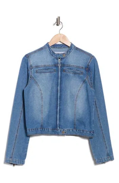Flying Angel Zip Cuff Denim Moto Jacket In Blue