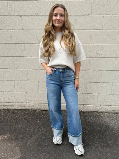 Flying Monkey Alfie Cuffed Wide Leg Jeans In Med Wash In Multi