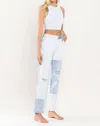 Flying Monkey Color Block Rolled Cuff Boyfriend Jeans In White And Light Denim In White