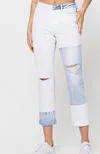 Flying Monkey Color Block Rolled Cuff Boyfriend Jeans In White And Light Denim