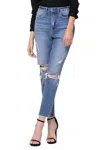 Flying Monkey Comfort Stretch High-rise Distressed Mom Jeans In Hollow In Blue
