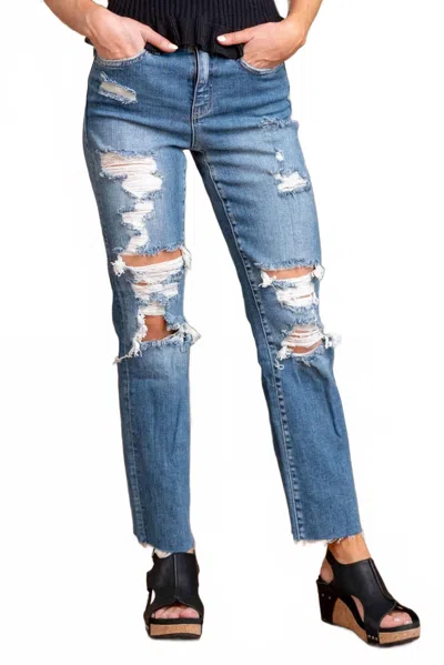 Flying Monkey Distressed High Rise Relaxed Straight Jeans In Congratulations In Blue