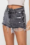 Flying Monkey High Rise Asymmetical Distressed Shorts In Charcoal In Pink