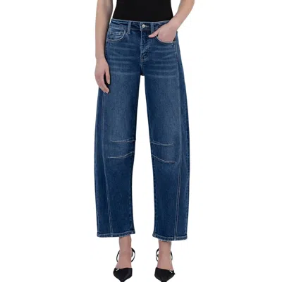 Flying Monkey High Rise Barrel Leg Jeans In Dark Wash In Blue