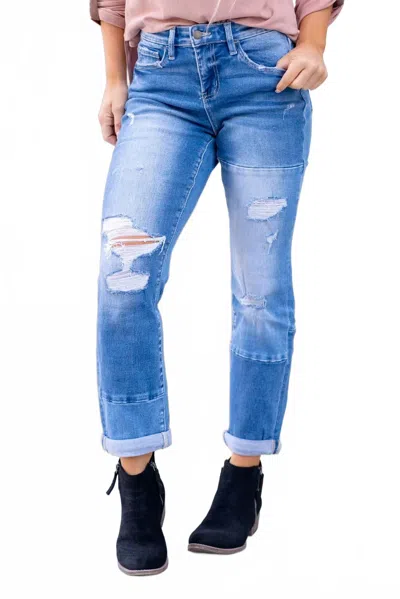 Flying Monkey High Rise Color Block Cuffed Boyfriend Jeans In Diligent In Blue