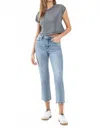 Flying Monkey High Rise Cropped Distressed Hem Straight Jeans In Ergonomical In Blue