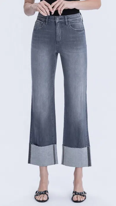 Flying Monkey High Rise Cuffed Slim Wide Leg Jeans In Dark Gray In Blue