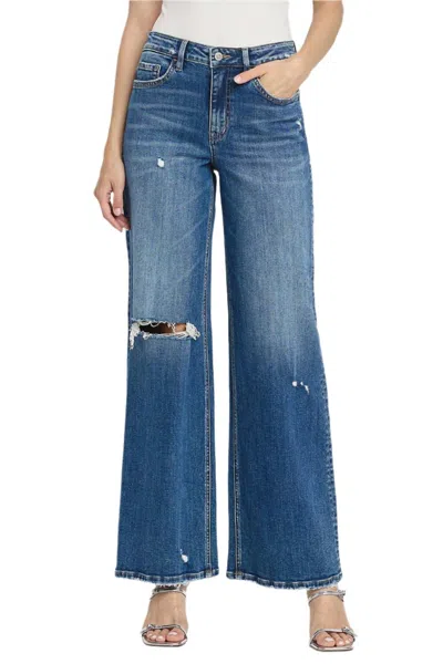Flying Monkey High Rise Distressed Wide Leg Jeans With Knee Slit In Medium Blue In Multi
