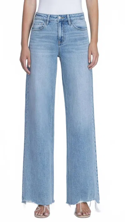 Flying Monkey High Rise Full Length Raw Hem Wide Leg Jean In Light Wash In Blue