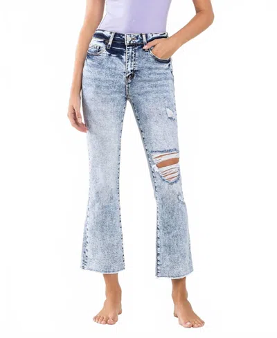 Flying Monkey High Rise Kick Flare Jeans In Acid Washed In Blue
