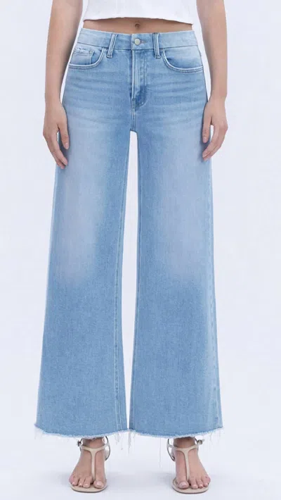 Flying Monkey High Rise Seamless Waistband Raw Hem Wide Leg Jeans In Blue