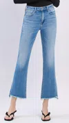 Flying Monkey High Rise Slant Raw Hem Crop Flare Jeans In Light Wash In Blue