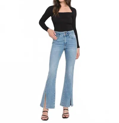 Flying Monkey High Rise Split Hem Flare Jeans In Amenity In Blue