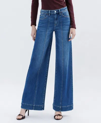 Flying Monkey High Rise Trouser Hem Extreme Wide Leg Jeans In Moon Bar In Blue