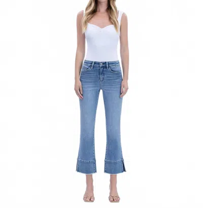 Flying Monkey High Rise Trouser Slit Hem Kick Flare Jeans In Urbane In Blue