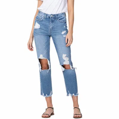 Flying Monkey Let Go High Rise Tattered Straight Leg Jeans In Medium Wash In Blue