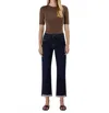 Flying Monkey Lola High Rise Cuffed Cropped Straight Leg Jeans In Dark Wash In Blue