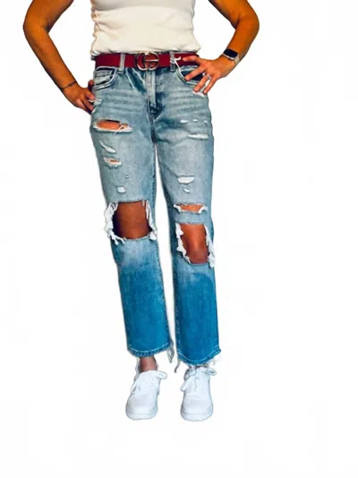 Flying Monkey Mid Rise Distressed Straight Jeans In Blue