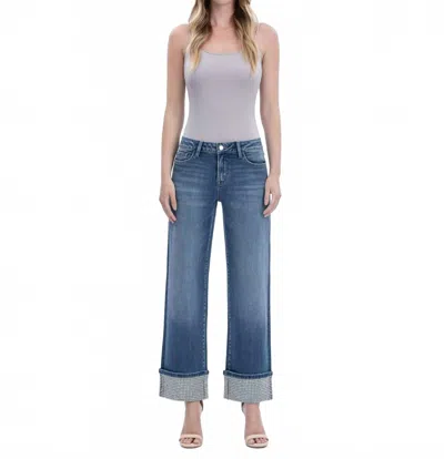 Flying Monkey Mid Rise Mineral Silver Slim Ankle Length Wide Leg Cuffed Jeans In Comes Sun In Blue