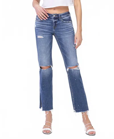 Flying Monkey Novelty Low Rise Distressed Split Hem Straight Jeans In Mediium Wash In Blue
