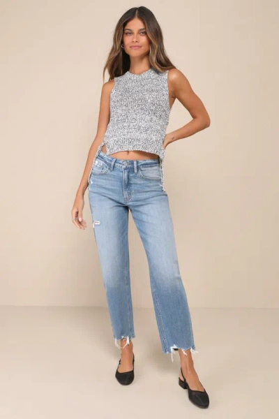 Flying Monkey Perfect Coolness Medium Wash Distressed High-rise Raw Hem Jeans In Blue