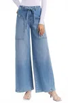 Flying Monkey High Rise Elastic Tie Waistband Baggy Wide Jeans In Clinquant In Blue