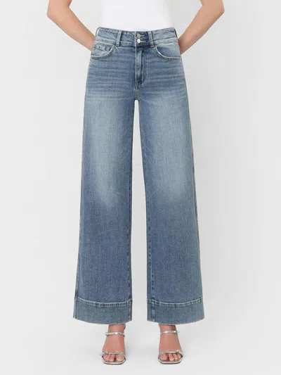 Flying Monkey Super High Rise Half Yoke Trouser Hem Wide Leg Jeans In Medium Blue