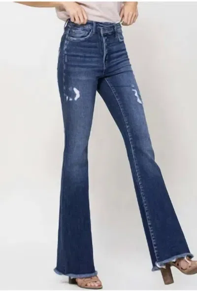 Flying Monkey Super High Rise Asymmetrical Flare Jeans In Blue