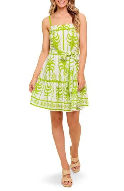 Flying Tomato Abstract Frond Belted Linen Minidress In Green