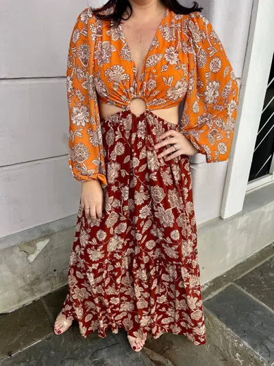 Flying Tomato Allison Printed Woven Maxi Dress In Rust/cognac In Multi