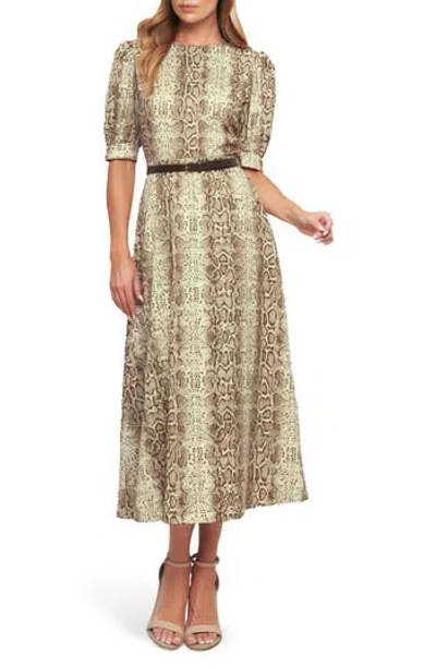 Flying Tomato Animal Print Puff Sleeve Midi Dress In Multi