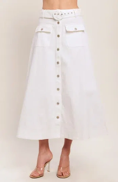 Flying Tomato Belted Button Front Denim Midi Skirt In White