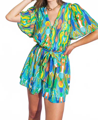 Flying Tomato Belted Woven Romper In Blue Multi